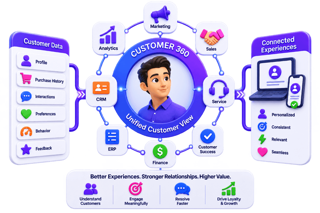 Customer 360 Customer Experience Architecture & Unified Customer View Visual by NuageCX