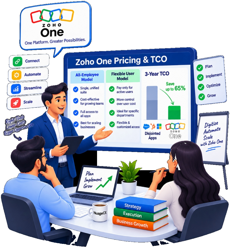Zoho One Pricing & TCO - All-Employee Model, Flexible User Model, 3-Year TCO Save up to 65%, NuageCX